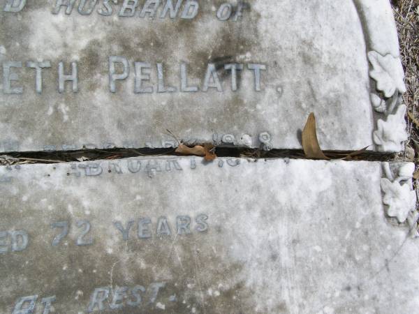 Theophilus, husband of Elizabeth PELLATT,  | died 15 February 1908 aged 72 years;  | Elizabeth PELLATT,  | died 25 Jan 1924 aged 85 years 9 months;  | Brookfield Cemetery, Brisbane  | 