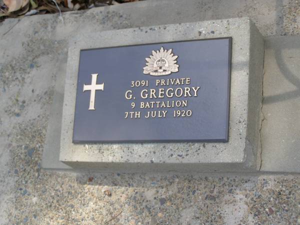 G. GREGORY,  | died 7 July 1920;  | Brookfield Cemetery, Brisbane  | 