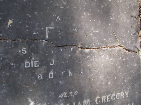 Theresa Brine GREGORY,  | died 3 June 1903 aged 59 years;  | Frank, son,  | died 18 Jan 1885 aged 15 months;  | Charles William GREGORY,  | died 6 Oct 1933 aged 90 years;  | Brookfield Cemetery, Brisbane  | 