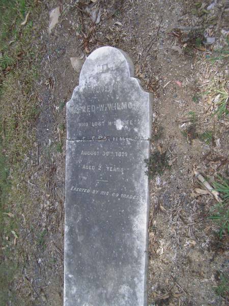 Alfred W. WILMOTT,  | died Moggill Creek, Rafting Ground,  | 30 Aug 1899 aged 21 years;  | Brookfield Cemetery, Brisbane  | 