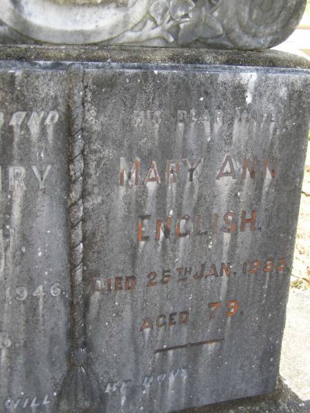 David Henry ENGLISH, husband,  | died 10 Dec 1946 aged 68 years;  | Mary Ann ENGLISH, mother,  | died 25 Jan 1955 aged 79 years;  | Brookfield Cemetery, Brisbane  | 