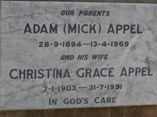 C.C. (Charles) BREDDIN,  | died 14 June 1951 aged 76 years;  | E.M. (Nellie) BREDDIN,  | died 18 Aug 1963 in 83rd year;  | E.M. (Tillie) GOUGH,  | died 26 Dec 1964;  | Ernest A. BREDDIN,  | died 29 Nov 1973;  | Robert W. BREDDIN, son,  | died 20 June 1933 aged 19 years;  | Dorothy GRANTZ, daughter,  | died 25 Jan 1945 aged 43 years;  | parents;  | Adam (Mick) APPEL,  | 28-9-1894 - 13-4-1969;  | Christina Grace APPEL, wife,  | 7-1-1903 - 31-7-1991;  | Brookfield Cemetery, Brisbane  | 