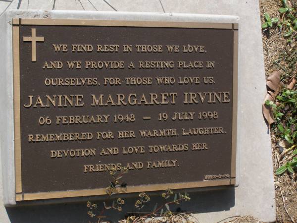 Janine Margaret IRVINE,  | 6 Feb 1948 - 19 July 1998;  | Brookfield Cemetery, Brisbane  | 