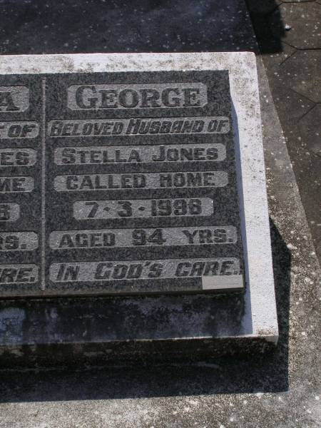 George Harpur JONES,  | died 31 Oct 1951 aged 81 years;  | Alice Martha, wife,  | died 10 Jan 1964 aged 90 years;  | Stella, wife of George JONES,  | died 5-12-1988 aged 78 years;  | George, husband of Stella Jones,  | died 7-3-1996 aged 94 years;  | Brookfield Cemetery, Brisbane  | 