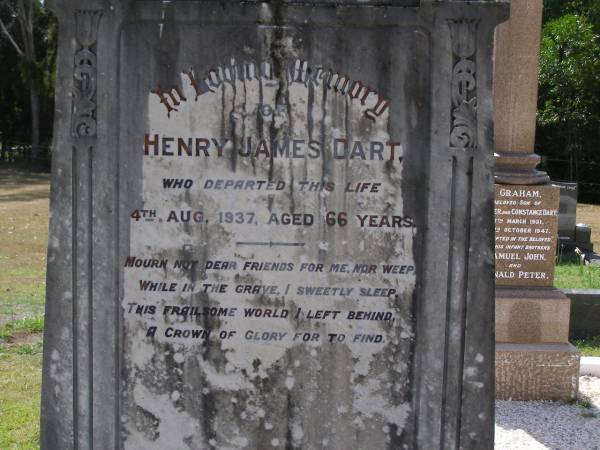 Maria Jane, wife,  | died 12 Feb 1938 in 92nd year;  | Henry James DART,  | died 4 Aug 1937 aged 66 years;  | Maria Jane PIKE, mother,  | died 20 Nov 1950 aged 81 years;  | Edward Charles PIKE, father,  | died cremated 16 Jan 1947 aged 82 years;  | Brookfield Cemetery, Brisbane  |   | 