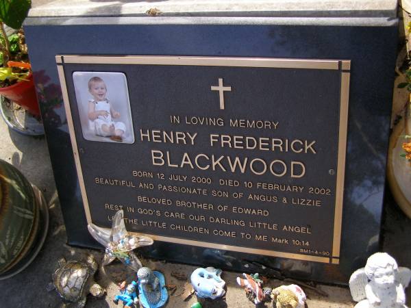 Henry Frederick BLACKWOOD,  | born 12 July 2000 died 10 Feb 2002,  | son of Angus & Lizzie,  | brother of Edward;  | Brookfield Cemetery, Brisbane  | 