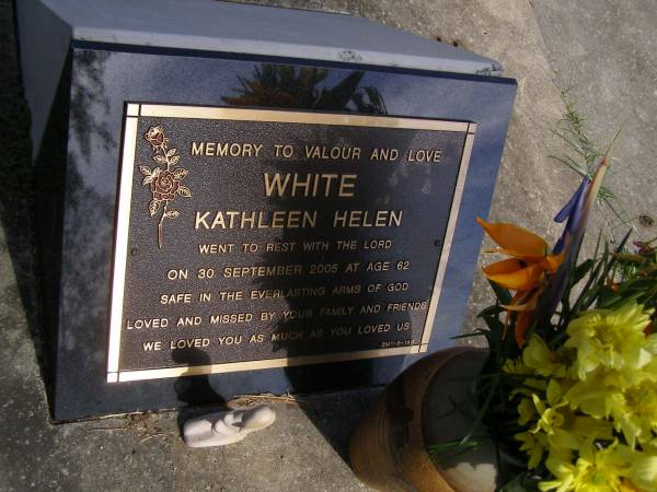Kathleen Helen WHITE,  | died 30 Sept 2005 aged 62 years;  | Brookfield Cemetery, Brisbane  | 