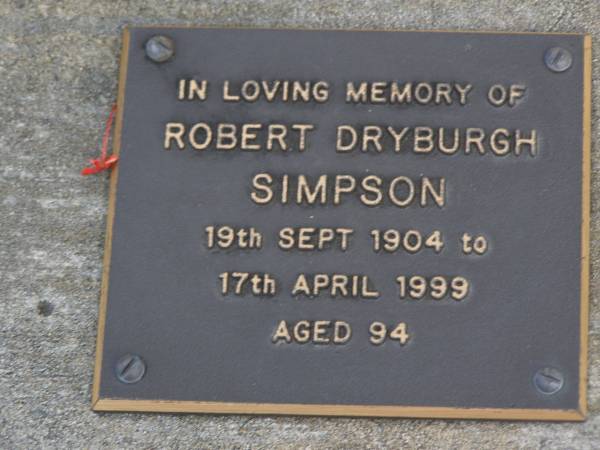 Robert Dryburgh SIMPSON,  | 19 Sept 1904 - 17 Apr 1999 aged 93 years;  | Brookfield Cemetery, Brisbane  | 