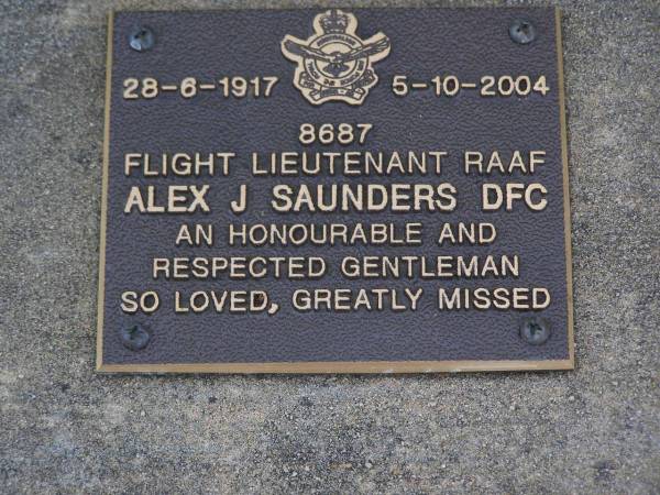 Alex J. SAUNDERS,  | 28-6-1917 - 5-10-2004;  | Brookfield Cemetery, Brisbane  | 