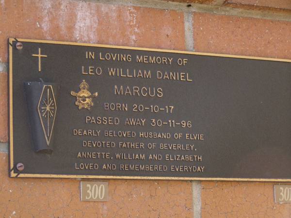 Leo William Daniel MARCUS,  | born 20-10-17 died 30-11-96,  | husband of Elvie,  | father of Beverley, Annette, William & Elizabeth;  | Brookfield Cemetery, Brisbane  | 