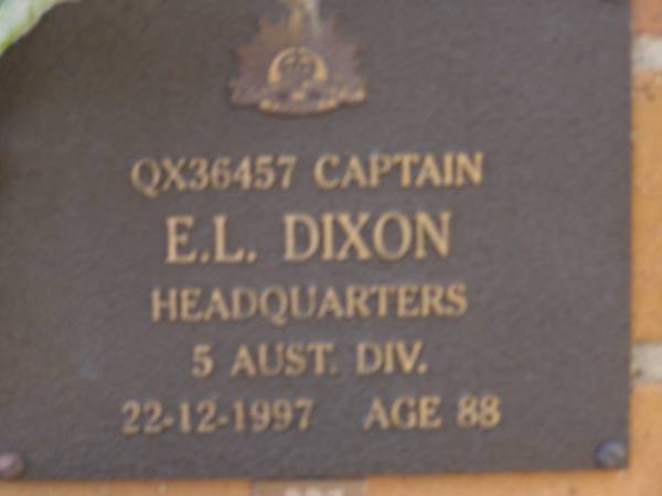E.L. DIXON,  | died 22-12-1997 aged 88 years;  | Brookfield Cemetery, Brisbane  | 