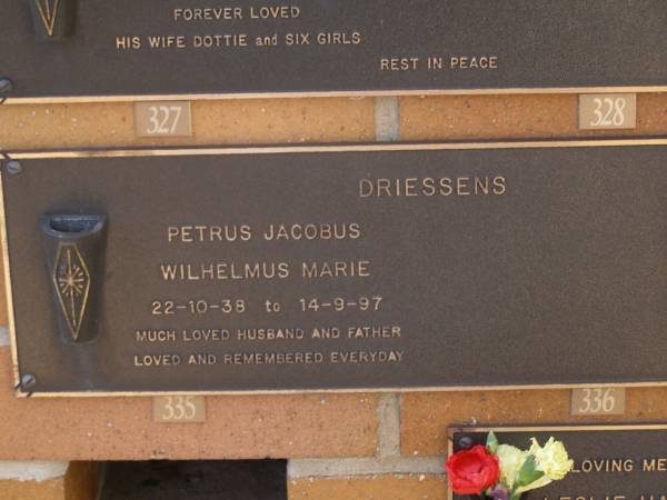 Petrus Jacobus Wilhelmus Marie DRIESSENS,  | 22-10-38 - 14-9-97,  | husband father;  | Brookfield Cemetery, Brisbane  |   | 