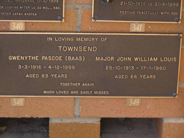 Gwenythe Pascoe (Baas) TOWNSEND,  | 3-3-1916 - 4-12-1999 aged 83 years;  | John William Louis TOWNSEND,  | 25-10-1913 - 17-1-1980 aged 66 years;  | Brookfield Cemetery, Brisbane  | 