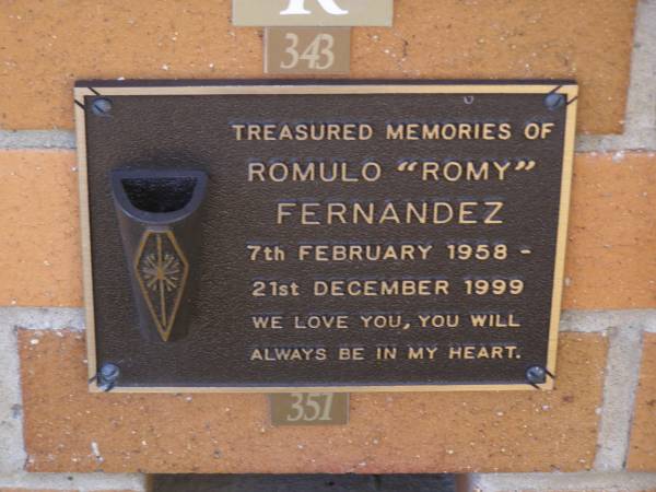 Romula (Romy) FERNANDEZ,  | 7 Feb 1958 - 21 Dec 1999;  | Brookfield Cemetery, Brisbane  | 