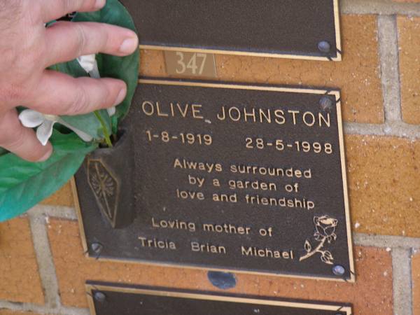 Olive JOHNSTON,  | 1-8-1919 - 28-5-1998,  | mother of Tricia, Brian & Michael;  | Brookfield Cemetery, Brisbane  | 