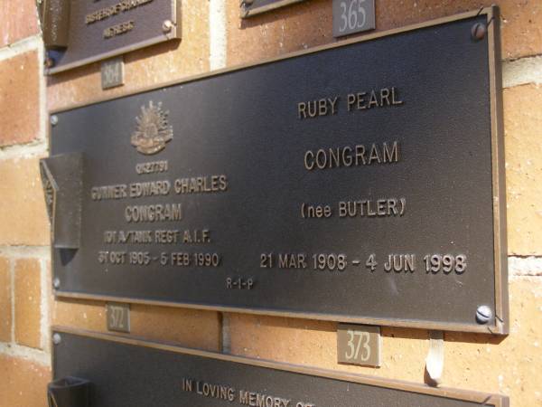 Edward Charles CONGRAM,  | 31 Oct 1905 - 5 Feb 1990;  | Ruby Pearl CONGRAM, nee BUTLER,  | 21 Mar 1908 - 4 June 1998;  | Brookfield Cemetery, Brisbane  | 