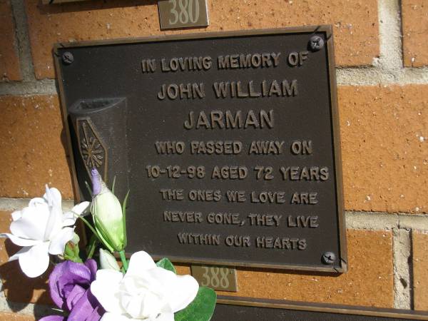 John William JARMAN,died 10-12-98 aged 72 years;  | Brookfield Cemetery, Brisbane  | 