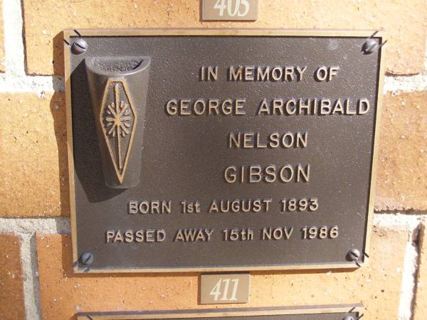 George Archibald Nelson GIBSON,  | born 1 Aug 1893 died 15 Nov 1986;  | Brookfield Cemetery, Brisbane  | 