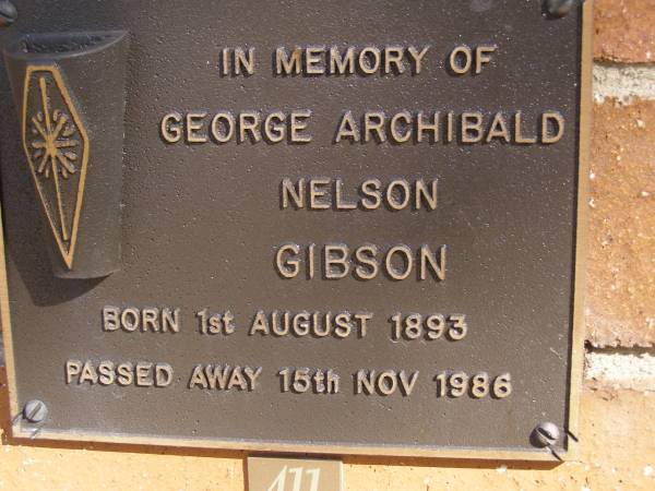 George Archibald Nelson GIBSON,  | born 1 Aug 1893 died 15 Nov 1986;  | Brookfield Cemetery, Brisbane  | 