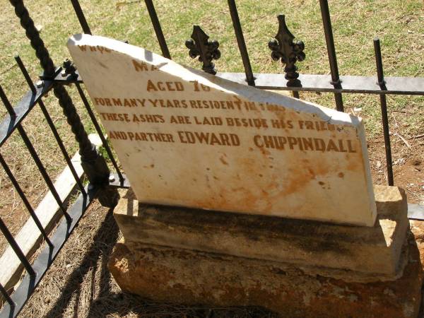 Edward Cokayne CHIPPINDALL  | aged 34  | (son of John CHIPPINDALL of Cheetham Hill. Manchester, England)  | died at sea 22 May 1886  |   | ------  |   | M...  | aged 76  | ashes are laid beside his friend and partner Edward CHIPPINDALL  |   | Pioneer Cemetery - Broome  | <a href= ECChippindall.html >(More info)</a>  |   |   | 
