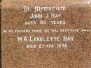 
John J. HAY,
aged 80 years;
M.A. Lavalette HAY,
died 27 Feb 1946;
Brooweena St Marys Anglican cemetery, Woocoo Shire
