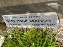 
James H. ENDERSBY,
died 14 June 1939 aged 66 years;
Mary Maud ENDERSBY,
wife,
died 4 Sept 1965 aged 85 years;
Brooweena St Marys Anglican cemetery, Woocoo Shire
