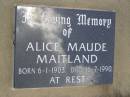 Alice Maude MAITLAND, born 6-1-1903, died 16-7-1990; Brooweena St Mary's Anglican cemetery, Woocoo Shire 