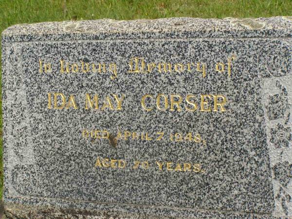 Ida May CORSER,  | died 7 April 1948 aged 70 years;  | Brooweena St Mary's Anglican cemetery, Woocoo Shire  | 