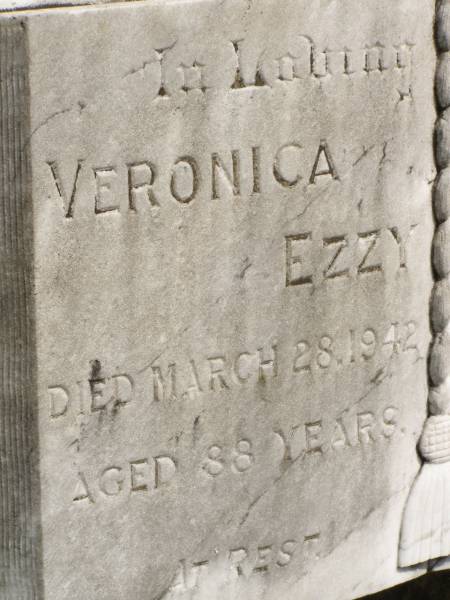 Veronica EZZY,  | died 28 March 1942 aged 88 years;  | Abraham John EZZY,  | died 18 Aug 1921 aged 70 years;  | Brooweena St Mary's Anglican cemetery, Woocoo Shire  | 