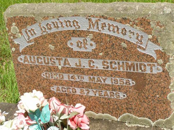 Augusta J.C. SCHMIDT,  | died 14 May 1958 aged 87 years;  | Brooweena St Mary's Anglican cemetery, Woocoo Shire  | 