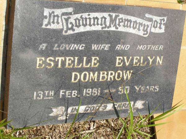 Estelle Evelyn DOMBROW,  | wife mother,  | died 13 Feb 1981 aged 50 years;  | Brooweena St Mary's Anglican cemetery, Woocoo Shire  | 