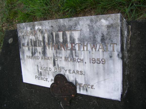 Veronica MICKLETHWAIT,  | died 8 March 1959 aged 89 years;  | Brooweena St Mary's Anglican cemetery, Woocoo Shire  | 