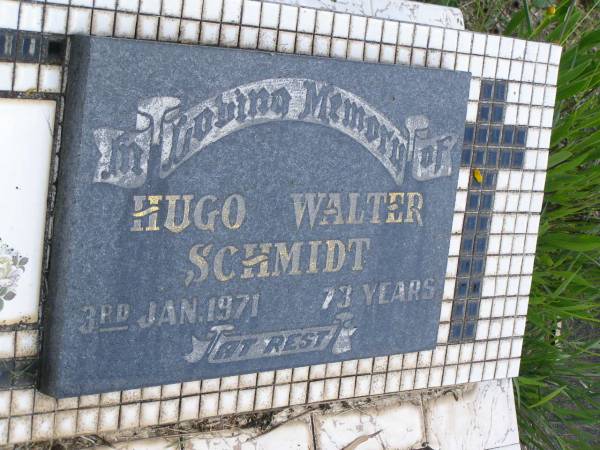 Hugo Walter SCHMIDT,  | died 3 Jan 1971 aged 73 years;  | Brooweena St Mary's Anglican cemetery, Woocoo Shire  | 