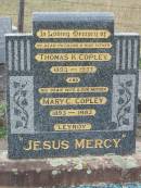 
Thomas K. COPLEY.
husband father,
1893 - 1937;
Mary C. COPLEY,
wife mother,
1893 - 1982;
"Leyroy";
Bryden (formerly Deep Creek) Catholic cemetery, Esk Shire

