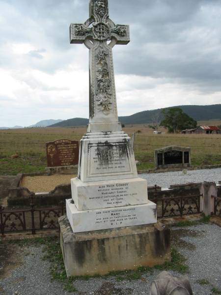 Margaret CONROY,  | died Castlehome 3 Oct 1907 in her 67th years;  | Hugh CONROY,  | husband of Margaret Conroy,  | died Castleholme 5 May 1925 aged 87 years;  | Mary, daughter,  | died Castleholme 9 July 1933 aged 63 years;  | Bryden (formerly Deep Creek) Catholic cemetery, Esk Shire  | 