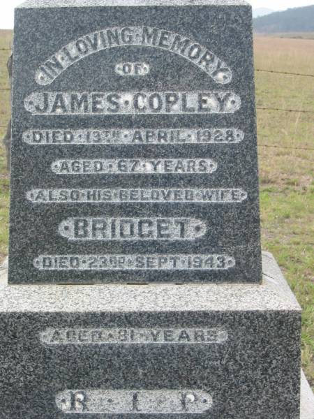 James COPLEY,  | died 13 April 1928 aged 67 years;  | Bridget, wife,  | died 23 Sept 1943 aged 81 years;  | Bryden (formerly Deep Creek) Catholic cemetery, Esk Shire  | 