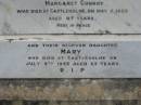 
Margaret CONROY,
died Castlehome 3 Oct 1907 in her 67th years;
Hugh CONROY,
husband of Margaret Conroy,
died Castleholme 5 May 1925 aged 87 years;
Mary, daughter,
died Castleholme 9 July 1933 aged 63 years;
Bryden (formerly Deep Creek) Catholic cemetery, Esk Shire
