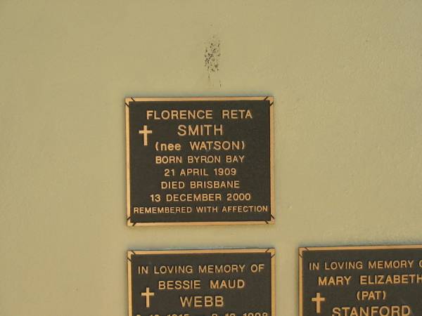 Florence Reta SMITH (nee WATSON)  | 21 Apr 1909 - 13 Dec 2000,  | Bulimba Uniting (formerly Methodist) Church, Brisbane  | 