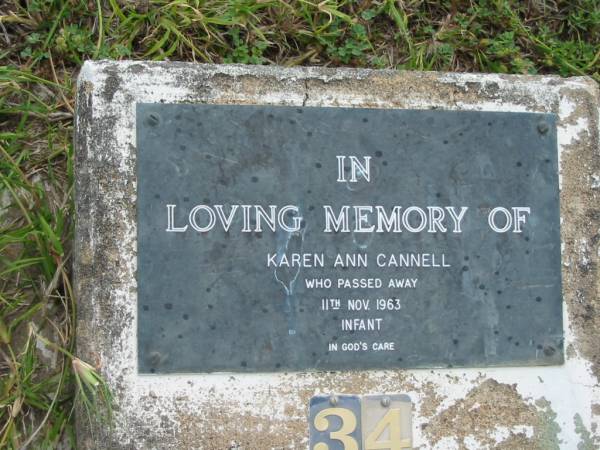 Karen Ann CANNELL,  | died 11 Nov 1963 infant;  | Caboonbah Church Cemetery, Esk Shire  | 