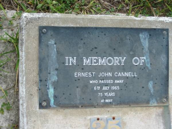 Ernest John CANNELL,  | died 6 July 1965 aged 75 years;  | Caboonbah Church Cemetery, Esk Shire  | 