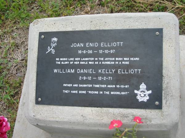 Joan Enid ELLIOTT,  | 16-6-36 - 12-10-97;  | William Daniel Kelly ELLIOTT,  | 2-9-12 - 12-2-71;  | father & daughter together 15-10-97;  | Caboonbah Church Cemetery, Esk Shire  | 