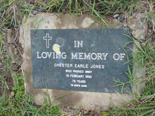 Chester Earle JONES,  | died 15 Feb 1995 aged 76 years;  | Caboonbah Church Cemetery, Esk Shire  | 