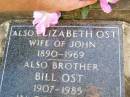 John OST, husband father, 1875 - 1946; Ferdinand (Ferdy) J. OST, 1912 - 1947; Elizabeth OST, wife of John, 1890 - 1969; Bill OST, brother, 1907 - 1985; Edward Charles OST, 1916 - 1999; Caffey Cemetery, Gatton Shire  