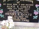 Alice E. GOLTZ, wife mother, died 7 Sept 1967 aged 58 years; Henry E. GOLTZ, father, died 9 July 1981 aged 79 years; -- Alice Elizabeth GOLTZ research contact: J HOGER  Caffey Cemetery, Gatton Shire 