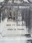 August Friederich Wilhelm OST, died 27 Aug 1927 aged 67 years; Emilie Laura, wife, died 7 Feb 1925 aged 58 years; Caffey Cemetery, Gatton Shire 