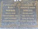 
Mary NORRIS,
died 17 Nov 2002 aged 56 years;
Terence Gary NORRIS,
died 3 June 2004 aged 75 years;
Caffey Cemetery, Gatton Shire

