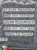 Christina REDINGER, mother, died 30 Dec 1970 aged 78 years; John REDINGER, husband father, died 14 July 1955 aged 72 years; Caffey Cemetery, Gatton Shire 