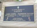 James Joseph LAFFEY, died 11 Feb 1987 aged 84 years; Katherine Pauline LAFFEY, died 29 Dec 2003 aged 89 years; parents of Dorothy & Mervyn; Caffey Cemetery, Gatton Shire 