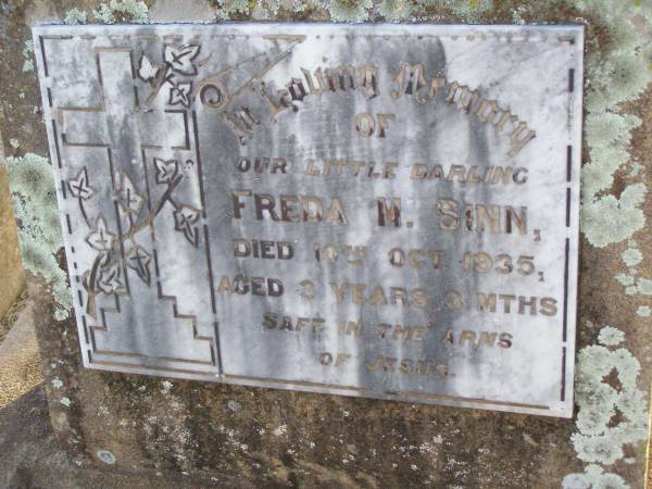 Freda M. SINN,  | died 10 Oct 1935 aged 3 years 3 months;  | Caffey Cemetery, Gatton Shire  | 