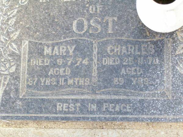 Mary OST,  | died 9-7-74 aged 87 years 11 months;  | Charles OST,  | died 25-11-70 aged 89 years;  | Caffey Cemetery, Gatton Shire  | 